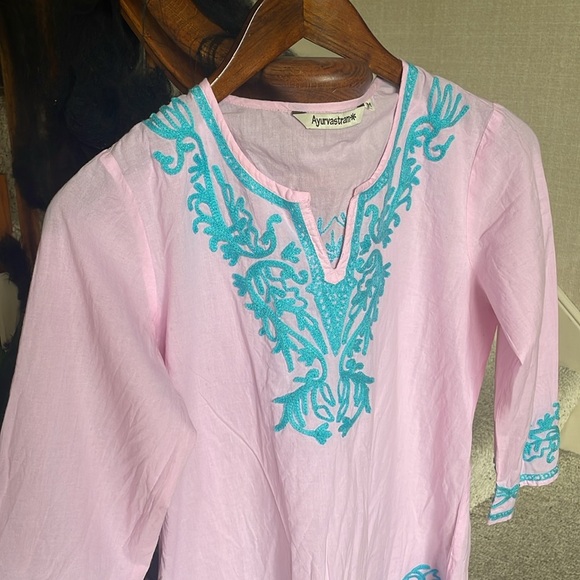 Ayurvastram Bohemian Pink and Blue Embroidered Tunic Top - Picture 2 of 9